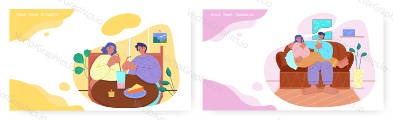 Tasty food landing page design, website banner template set, flat vector illustration. Happy couples eating cake, pizza sitting at table in cafe and on sofa at home. Delicious food.