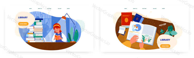 Library landing page design, website banner template set, flat vector illustration. Girl reader, student, bookworm reading book sitting at table with pile of books in library. Knowledge, education.