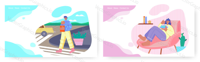 Delicious food landing page design, website banner template set, flat vector illustration. People eating tasty cake at home, street snack takeaway food while traveling by car.
