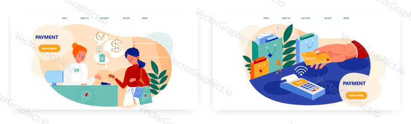 Contactless payment landing page design, website banner template set, flat vector illustration. Woman paying for purchase with contactless bank card using pos terminal at store cashier counter.