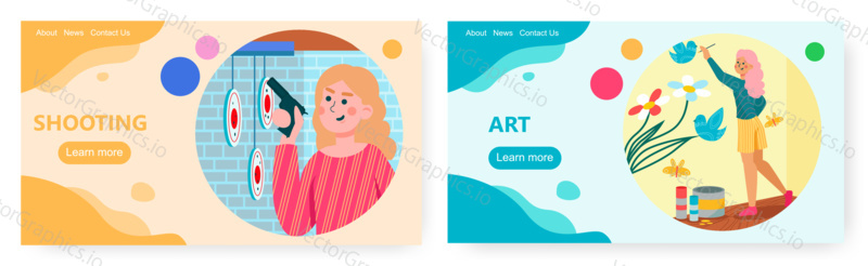 Busy woman leisure landing page design, website template set, flat vector illustration. Happy girls enjoying favorite hobbies. Female characters visiting sport ladies shooting range and art club.