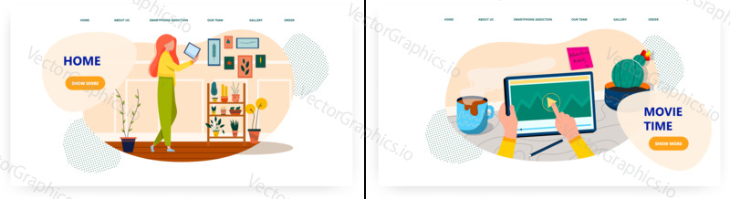 Home leisure activities landing page design, website banner template set, flat vector illustration. Woman decorating wall with pictures in living room, watching movie online at home.