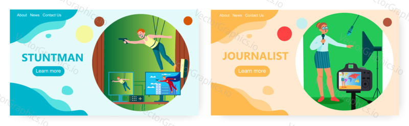 Green screen technology landing page design, website banner template set, flat vector illustration. Stuntman and journalist. Video, tv news, film recording with green screen or chroma key background.