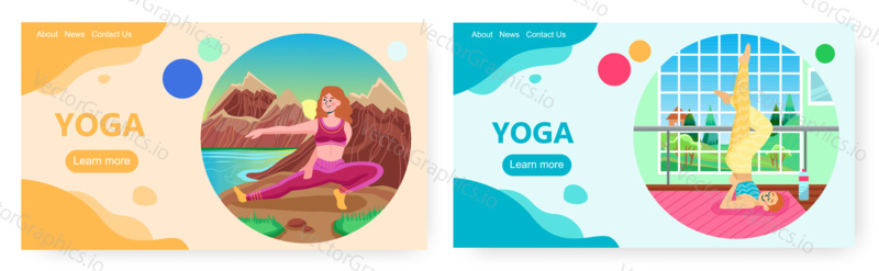 Yoga landing page design, website banner template set, flat vector illustration. Happy women practicing home and outdoor yoga. Healthy lifestyle, recreation, relaxation.