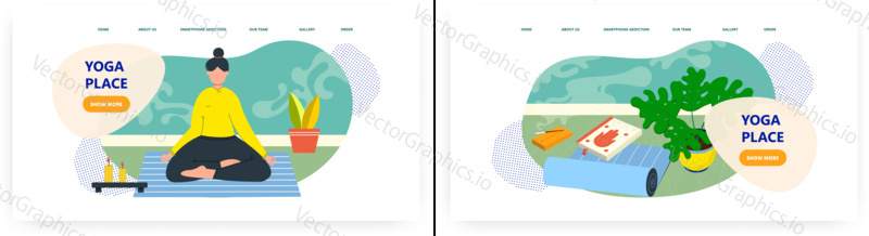 Yoga place landing page design, website banner template set, flat vector illustration. Woman meditating sitting in yoga position on mat. Home yoga.
