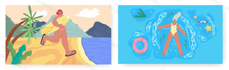 Summer beach vacation landing page design, website banner template set, flat vector illustration. Happy female characters swimming, sunbathing, surfing. Summer travel, beach water activities.