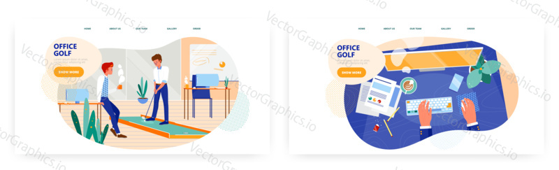 Office golf landing page design, website banner template set, flat vector illustration. Business people playing mini golf in office during the rest and work break. Active and healthy lifestyle.