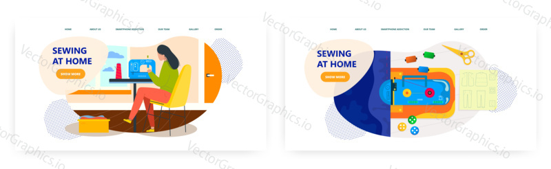 Sewing at home landing page design, website banner template set, flat vector illustration. Fashion designer, dressmaker or seamstress sewing on sewing machine.