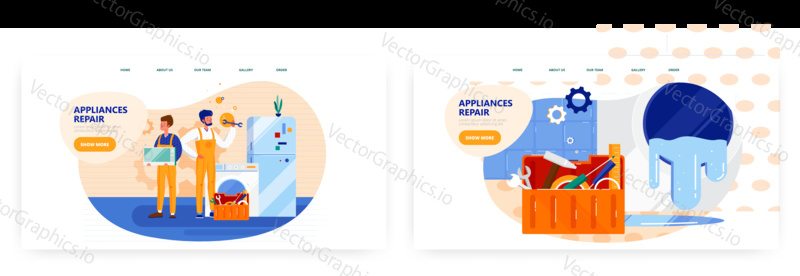 Appliances repair landing page design, website banner template set, flat vector illustration. Repairman characters fixing washing machine, microwave, fridge. Home appliance maintenance service.