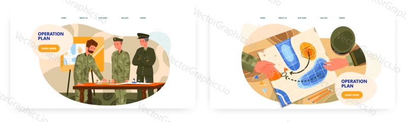 Operation plan landing page design, website banner template set, flat vector illustration. Military commander and officers meeting at headquarters. Military missions, training operations, war plan.