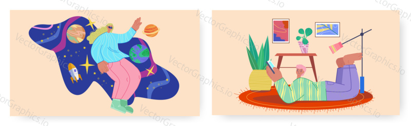 Video games landing page design, website banner template set, flat vector illustration. Happy people taking rest at home playing virtual reality and mobile games. Gaming technologies.