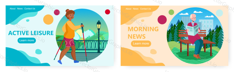 Retiree lifestyle landing Page design, Website banner template set, flat vector illustration. Starší lidé čtou noviny, cvičí nordic walking v městském parku. Šťastný a aktivní odchod do důchodu.