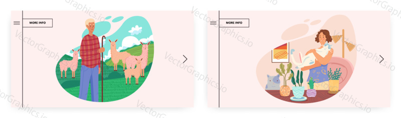 Design vstupní stránky pro péči o zvířata, sada šablon bannerů webových stránek, plochá vektorová ilustrace. Šťastná ženská postava, která drží kočku, pastýř se stádem lamů. Lidé tráví čas se zvířaty.