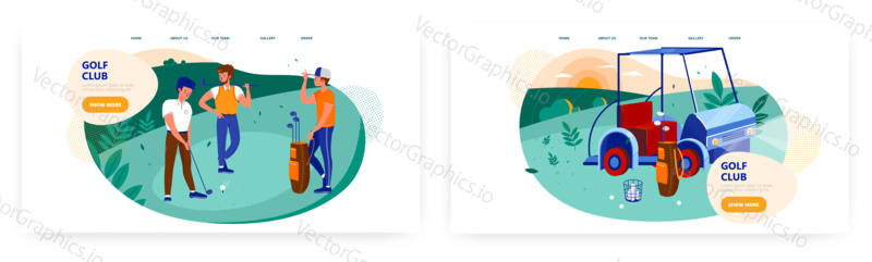 Golf club landing page design, webové stránky banner šablona set, plochý vektor ilustrace. Golfové auto, hráči a pomocník stojící na zeleném trávníku se sportovním vybavením, jako je klub, míč. Golfová škola, hobby