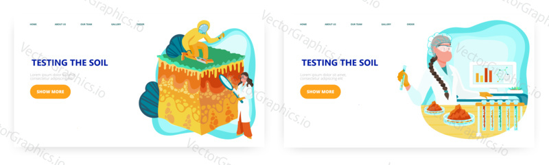 Návrh vstupní stránky pro testování půdy, sada šablon bannerů webových stránek, plochá vektorová ilustrace. Proces testování kvality půdy. Lidé odebírají vzorky půdy a provádějí výzkum v laboratoři. Zemědělství, ekologie.