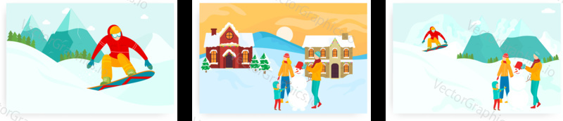 Návrh vstupní stránky zimního času, sada šablon bannerů webových stránek, plochá vektorová ilustrace. Rodinná dovolená. Lidé snowboarding, dělat sněhuláka. Zimní sport, rekreace a aktivní odpočinek.