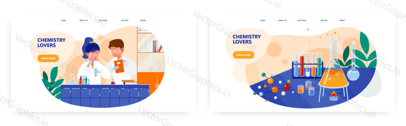 Chemistry lovers landing Page design, Website banner template set, flat vector illustration. Studenti, chlapec a dívka provádějící experiment ve školní laboratoři. Chemistry club. Znalosti, věda, vzdělání.