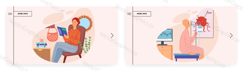 Boj proti rakovině, design vstupní stránky, webové stránky banner šablona set, plochý vektor ilustrace. Pacientka onkologie dostává chemoterapii. Léčba rakoviny.