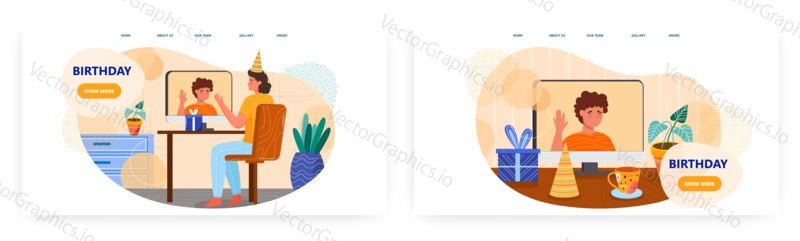 Narozeniny landing Page design, webové stránky banner šablona set, plochý vektor ilustrace. Narozeninový videohovor, virtuální setkání, oslava online party.