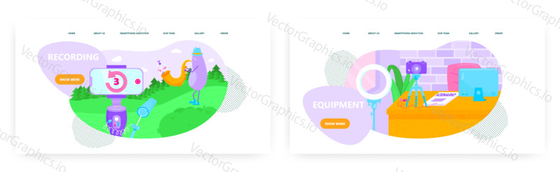 Video recording landing page design, website banner template set, flat vector illustration. Musician playing saxophone. Video production equipment, videography, blogging.