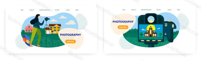 Fotografie landing Page design, webové stránky banner šablona set, plochý vektor ilustrace. Fotografka fotografující dům s profesionální kamerou. Fotografické kurzy, kurzy, služby.