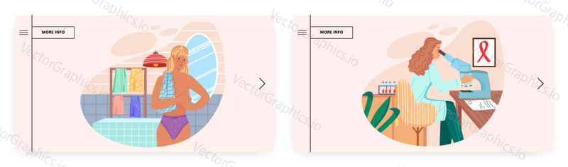 Breast cancer landing page design, website banner template set, flat vector illustration. Woman doing self examination, female doctor oncologist looking through microscope. Breast cancer awareness.