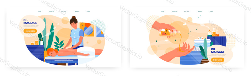 Olejová masáž vstupní stránka design, webové stránky banner šablona set, plochý vektor ilustrace. Žena dostat zpět masážní terapie s léčebným olejem v lázních. Wellness, relaxace, ošetření těla.