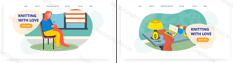Pletení s láskou, design vstupní stránky, sada šablon webových stránek, plochá vektorová ilustrace. Šťastná žena pletení vlněný šátek. Řemeslné hobby.