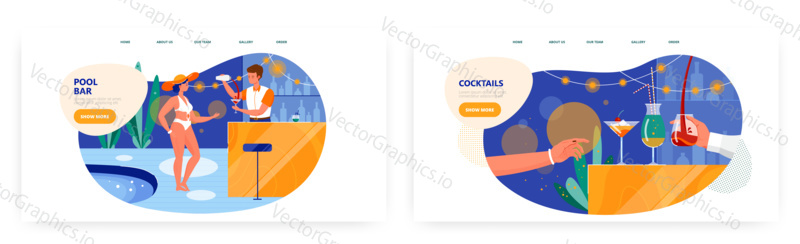 Pool bar vstupní stránka design, webové stránky banner šablona set, plochý vektor ilustrace. Barman připravuje čerstvý koktejl pro mladou ženu v klobouku a plavkách. Párty u bazénu. Letní dovolená na pláži.