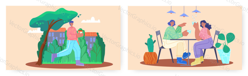 Leisure time landing page design, website banner template set, flat vector illustration. Happy girls meeting in cafe, sitting at table, drinking coffee. Man walking along the street with coffee to go.