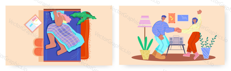 Home leisure landing page design, website banner template set, flat vector illustration. Happy people sleeping, dancing and having fun at home. Family rest, entertainment, leisure activity.