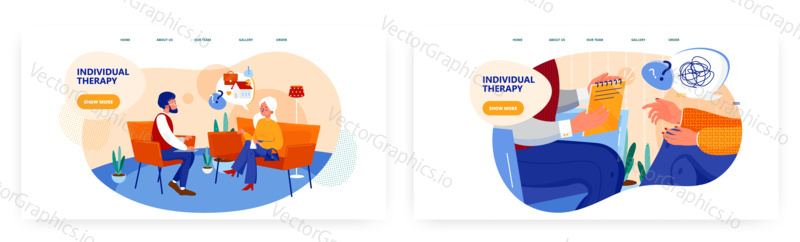 Individual therapy landing page design, website banner template set, flat vector illustration. Doctor therapist listening to crying patient female having financial love problems. Psychotherapy session