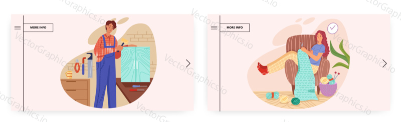 Hobby landing page design, website banner template set, flat vector illustration. People enjoying creative hobbies. Happy cartoon characters knitting, making cupboard renovation, furniture restoration