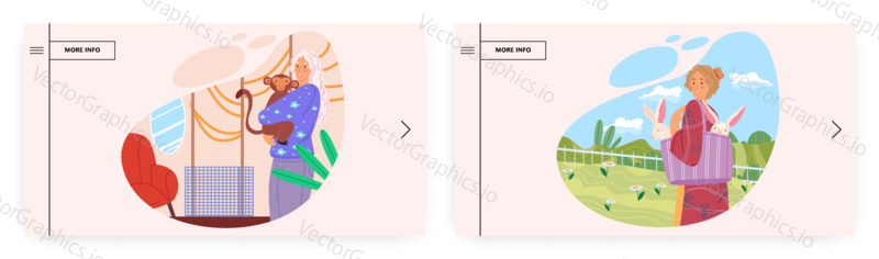 Animal care landing page design, website banner template set, flat vector illustration. Happy female characters holding monkey in arms, carrying rabbits in basket. People spending time with animals.