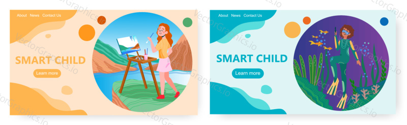Smart child landing page design, website banner template set, flat vector illustration. Cute girls, young underwater diver and artist. Development of talented children. Scuba diving for kids.