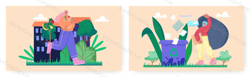 Ecology, landing page design, website banner template set, flat vector illustration. People collecting, sorting garbage for recycling, eating fresh organic fruit. Eco friendly lifestyle.