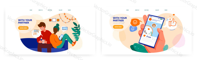 Social media addiction, landing page design, website banner template set, flat vector illustration. Couple sitting on sofa and chatting on social networks. Live communication problems with partner.