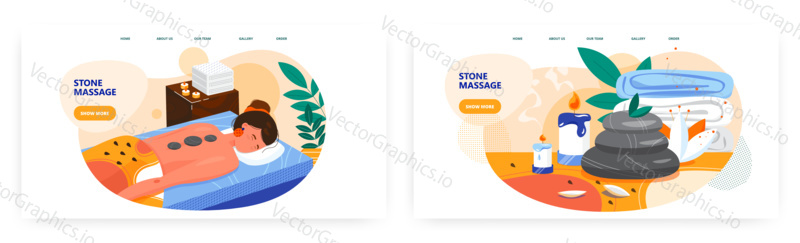 Hot stone massage landing page design, website banner template set, flat vector illustration. Spa salon, wellness center procedure. Hot stone therapy, body treatment.