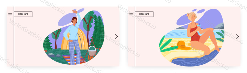 Summer vacation landing page design, website banner template set, flat vector illustration. Happy people relaxing on beach and cooking on campfire. Traveling, camping, hiking, outdoor adventure.