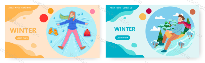 Winter landing page design, website banner template set, flat vector illustration. Happy girl making snow angel, boy sledding and having fun. Outdoor winter activities.