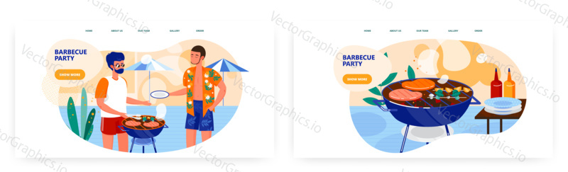 Barbecue party landing page design, website banner template set, flat vector illustration. Male characters, friends cooking food on grill. Bbq party, summer outdoor picnic.