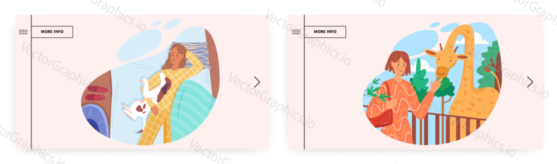 Animal care landing page design, website banner template set, flat vector illustration. Happy female characters lying on bed with pet dog, stroking giraffe. People spending time with animals.