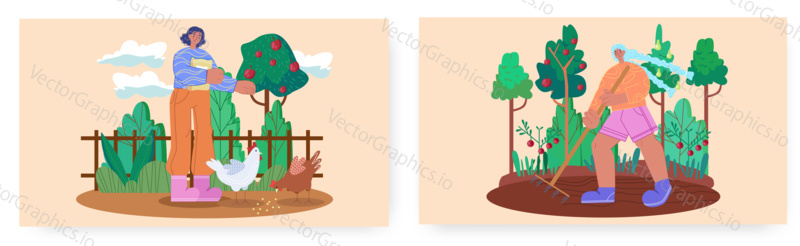 Farm landing page design, website banner template set, flat vector illustration. Female characters, farmers, agriculture workers feeding chicken, gardening. Poultry farm. Farming industry.