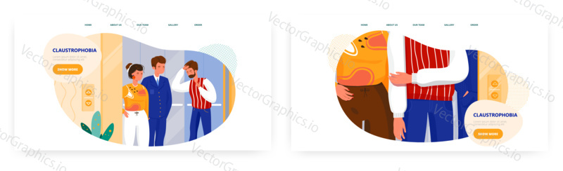 Claustrophobia landing page design, website banner template set, flat vector illustration. People in elevator with claustrophobia symptoms having anxiety or panic attack. Fear of enclosed spaces.