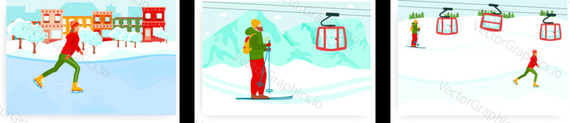 Ski resort landing page design, website banner template set, flat vector illustration. Happy people enjoying skiing, ice skating. Outdoor winter activities. Sport and leisure in winter.