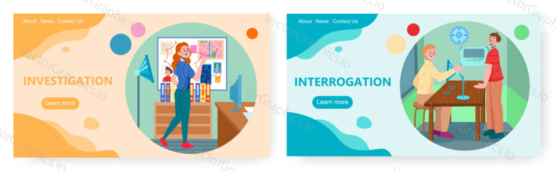 Detective landing page design, website banner template set, flat vector illustration. Male and female characters, police detective, investigator conducting investigation of crime and interrogation.