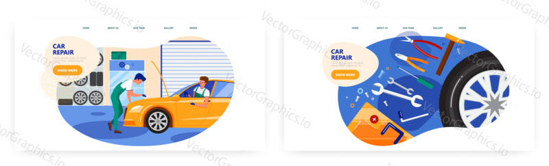 Car repair landing page design, website banner template set, flat vector illustration. Car maintenance service, parts replacement. Auto repair shop, workshop.