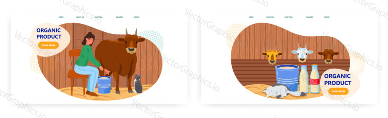 Organic product landing page design, website banner template set, flat vector illustration. Milkmaid, farmer milking cow. Organic milk production. Agriculture. Dairy farming.