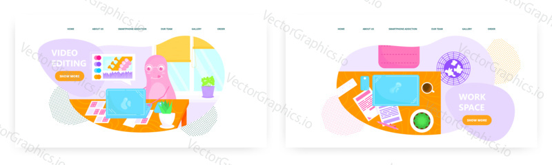 Video editing landing page design, website banner template set, flat vector illustration. Video editor workplace.