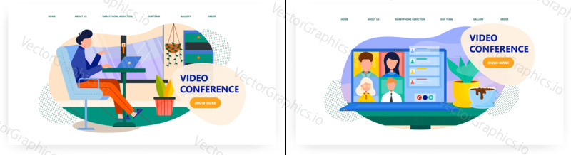 Video conference landing page design, website banner template set, flat vector illustration. Videoconferencing technology, online meeting, group chat, remote work, video call.